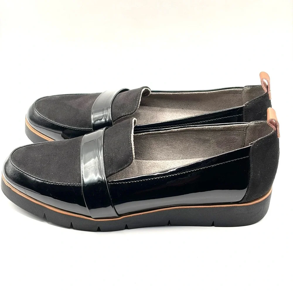 Dr Scholls Watson Womens 8M Black Patent Suede Platform Loafers Lug Sole Shoes‎